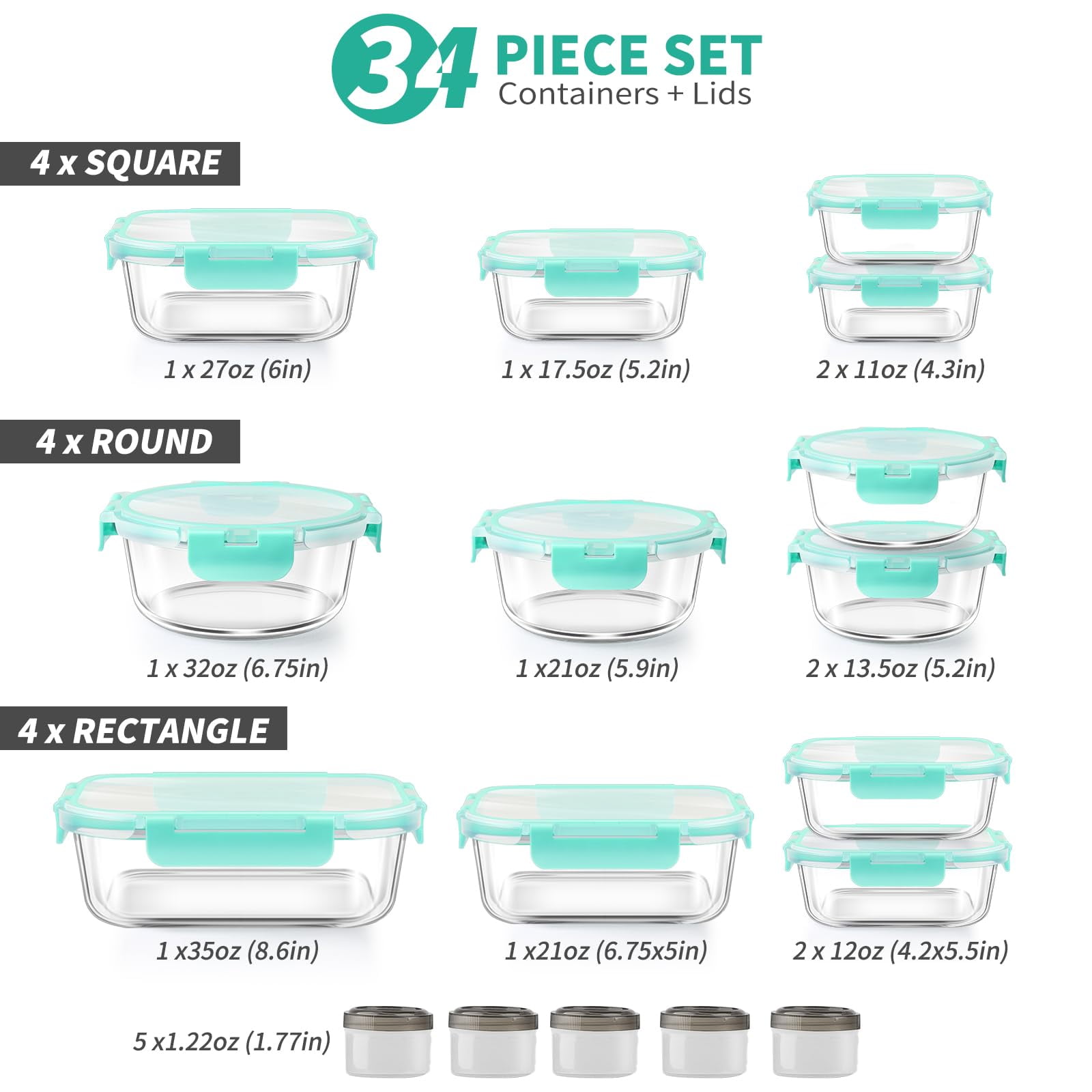 34pcs Glass Food Storage Containers with Lids Set, Airtight Meal Prep Containers (17 Containers & 17 Lids), Green