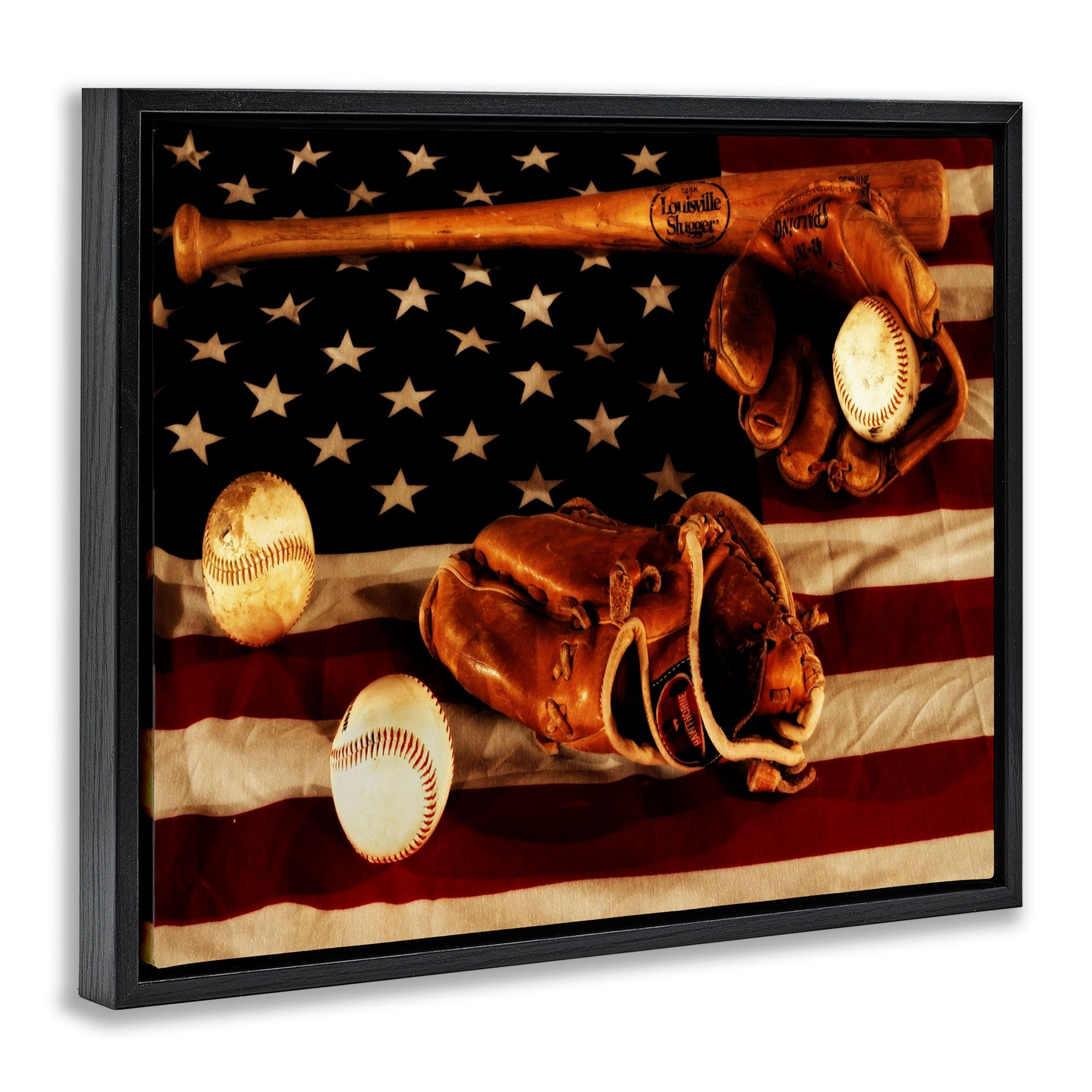 Stupell Industries Vintage American Flag Baseball Sports Rustic Photo Jet Black Framed Floating Canvas Wall Art, 16x20, by Daniel Sproul