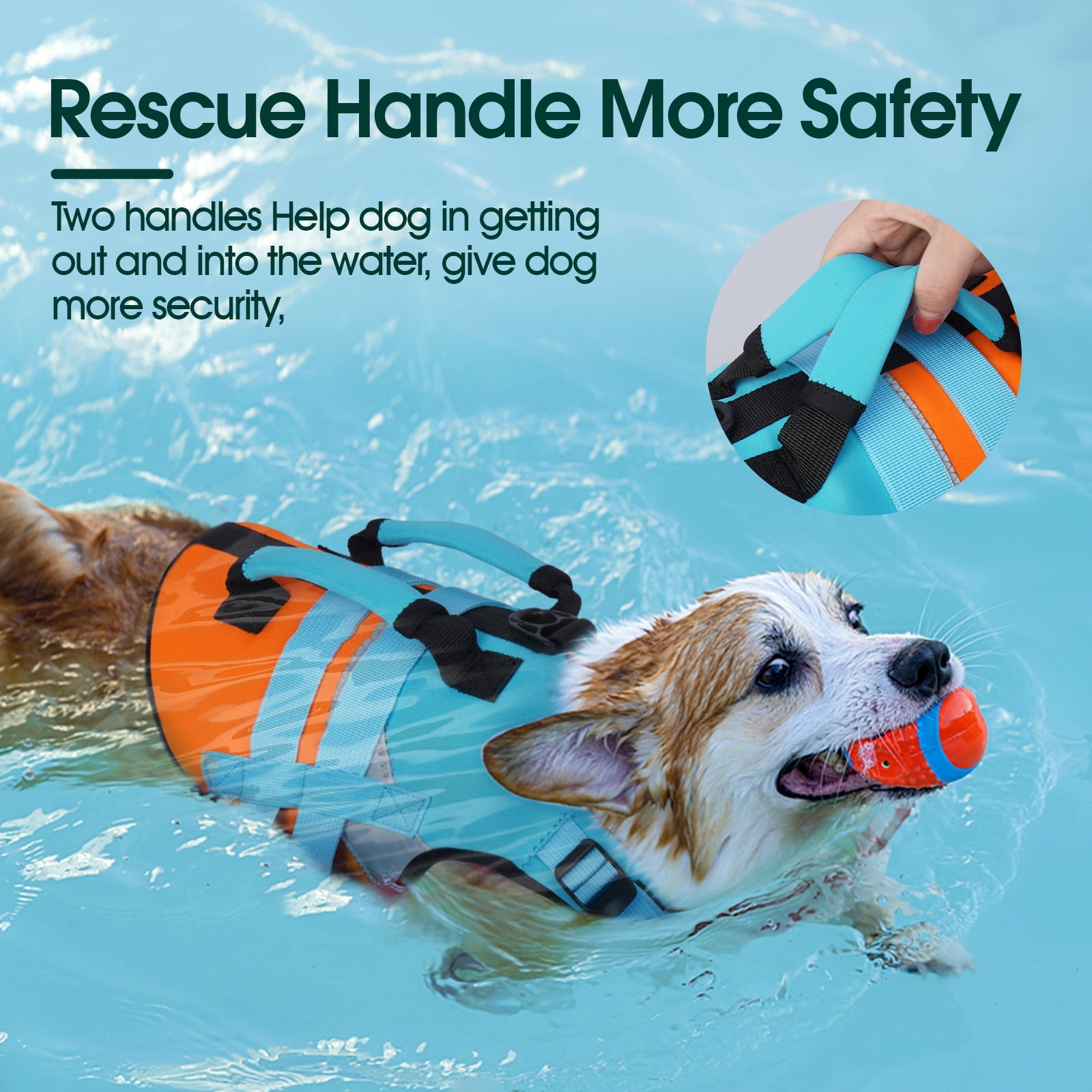 Kuoser Dog Life Jacket with Reflective Strips, Adjustable Life Vest for Small Medium Large Dogs, Blue, XL