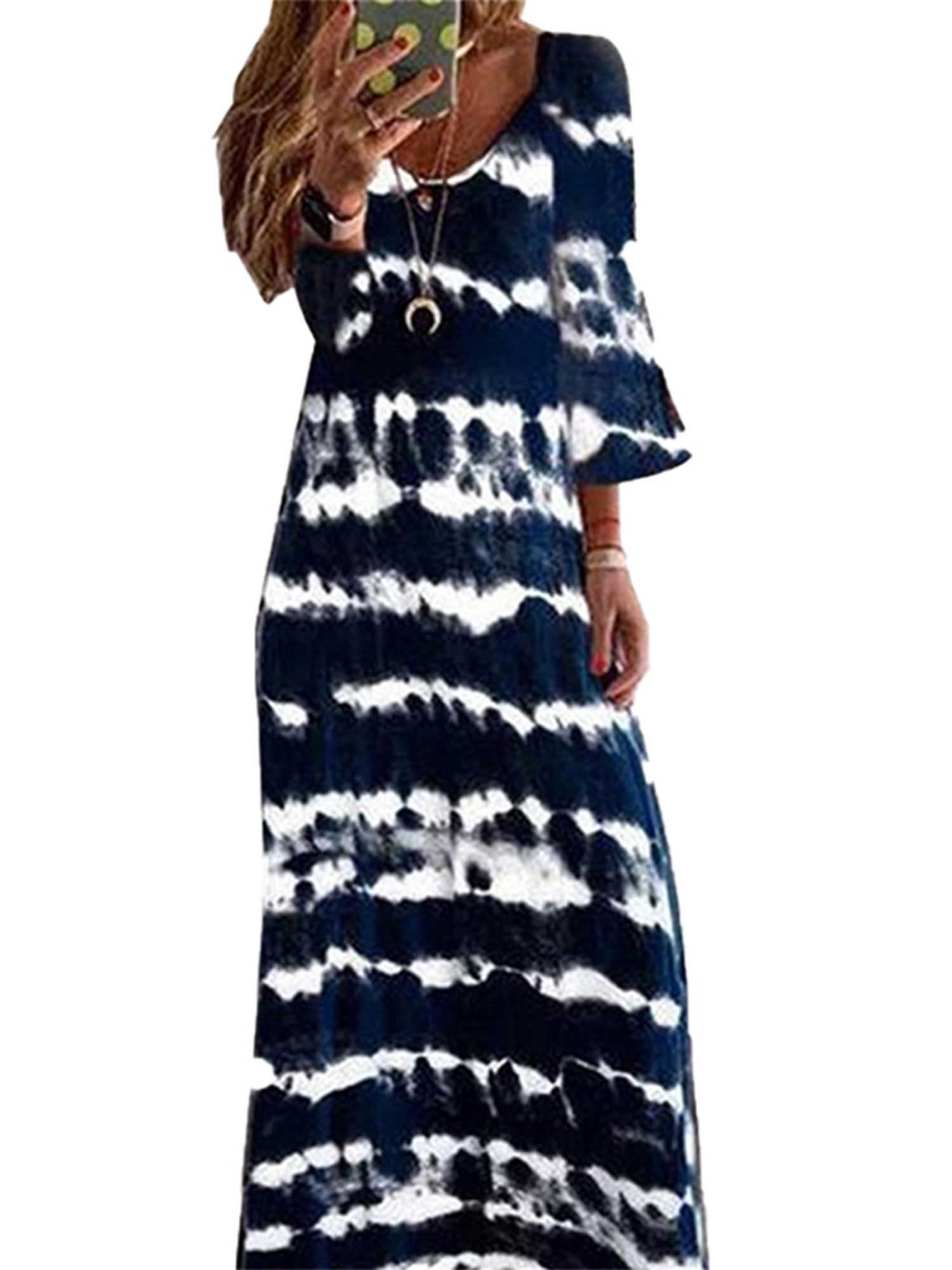 Ready to Ship Black Abstract Print Open Back Boho Loose Maxi Sundress main image 1