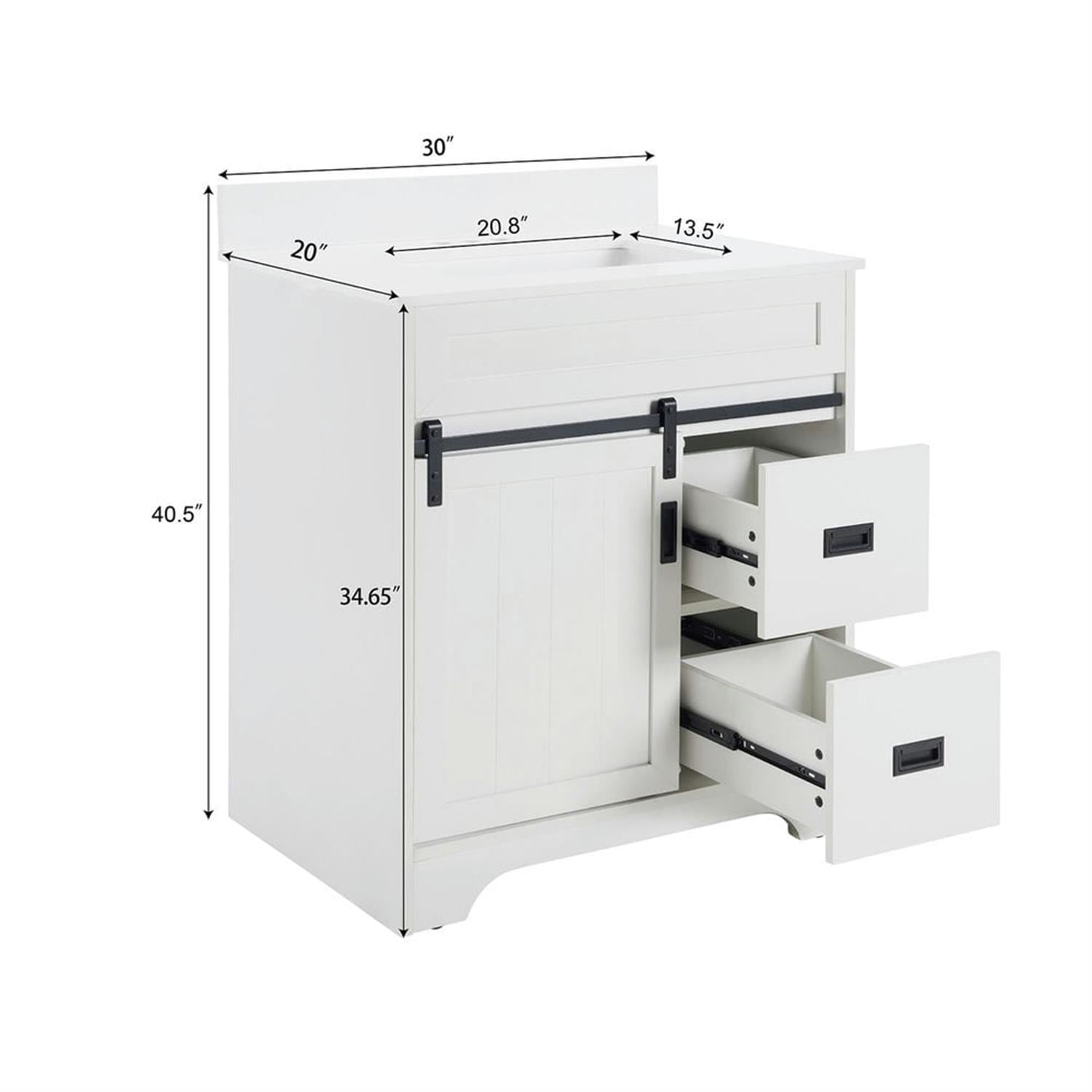 Demi Bonn 30" Freestanding Bathroom Vanity with Single Sink Combo, Farmhouse Undermount Bathroom Vanities Cabinet with Sliding Barn Doors and 2 Drawers, White