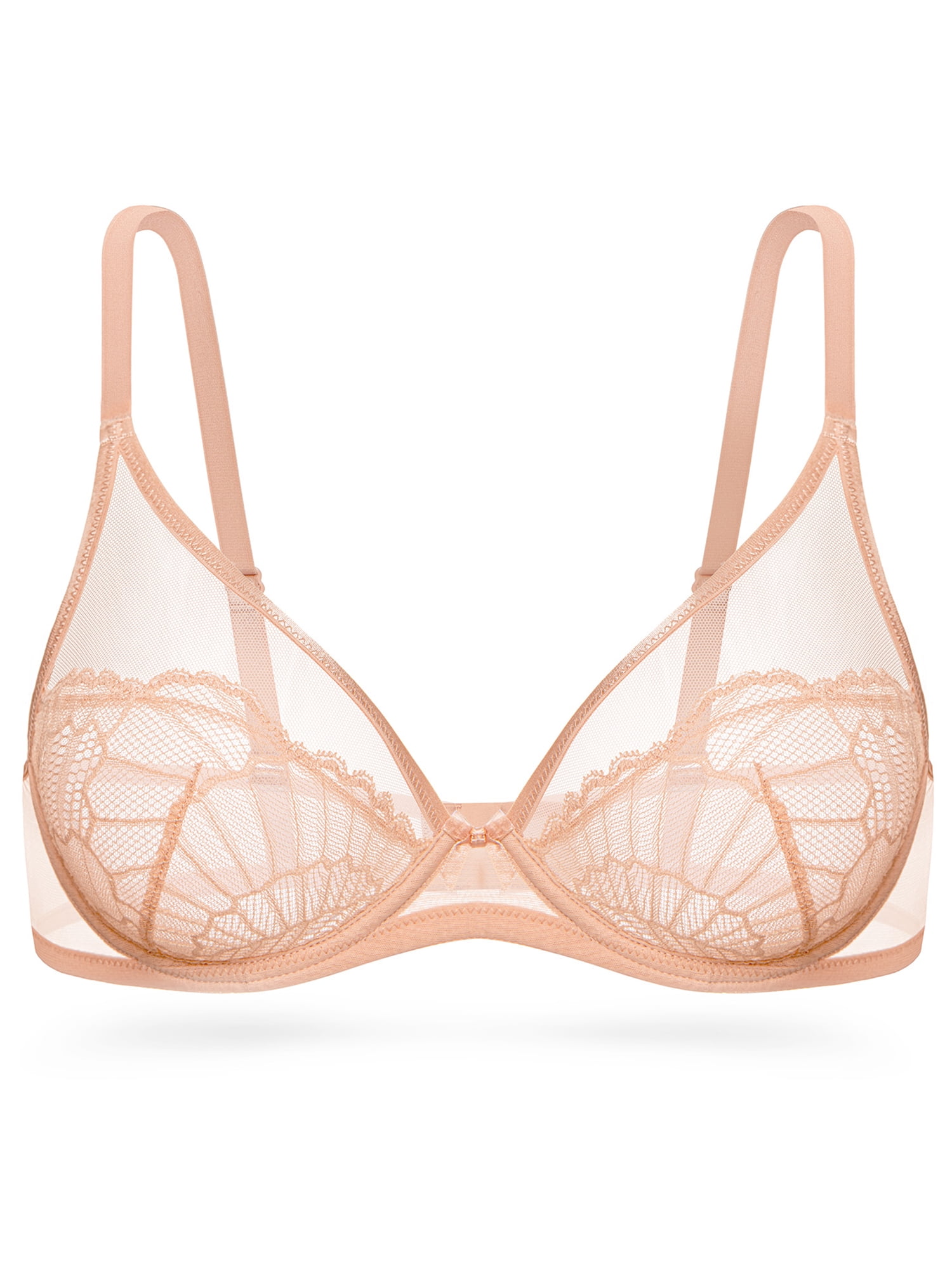 Deyllo Women Sheer Mesh See-Through Bra Unpadded Underwire Support Bras Push Up Unlined Comfort Beige Underwear Bras 34DDD