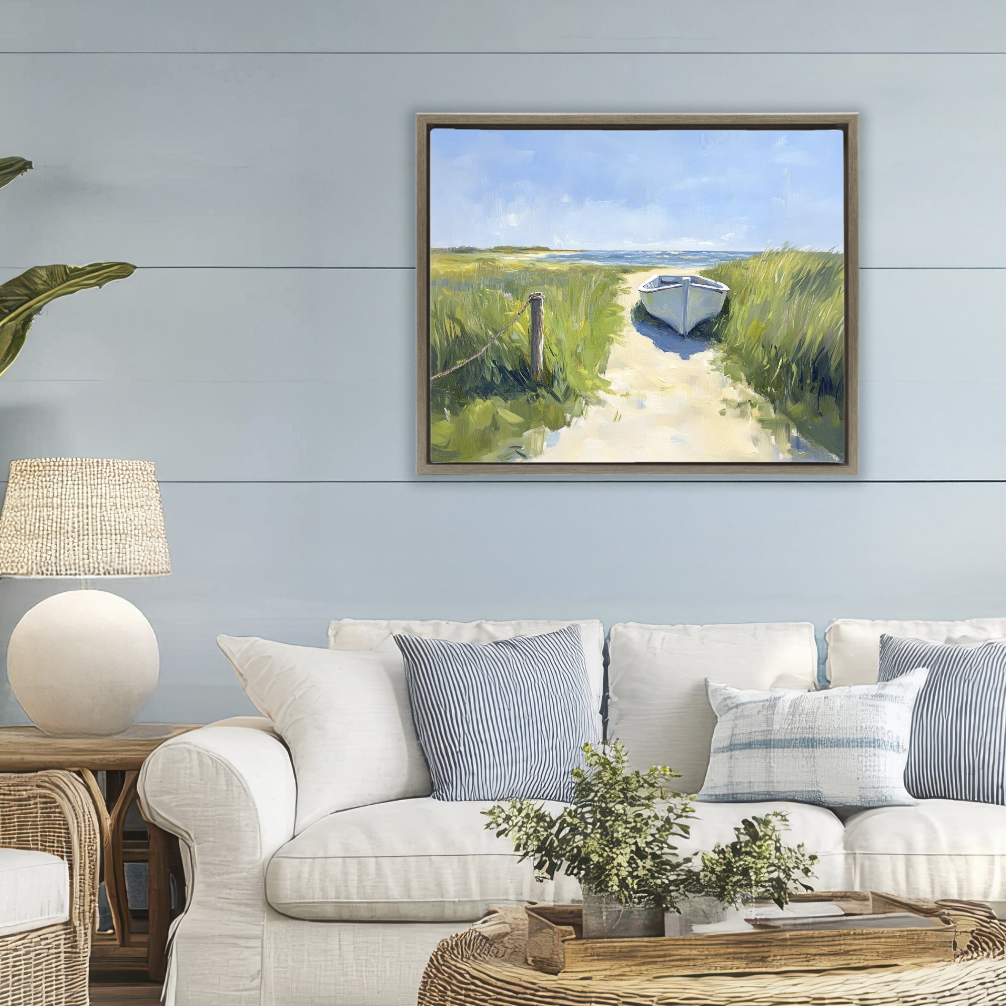 Stupell Industries Moored Boat on Path Brown Framed Floater Canvas Wall Art, design by Sisi and Seb