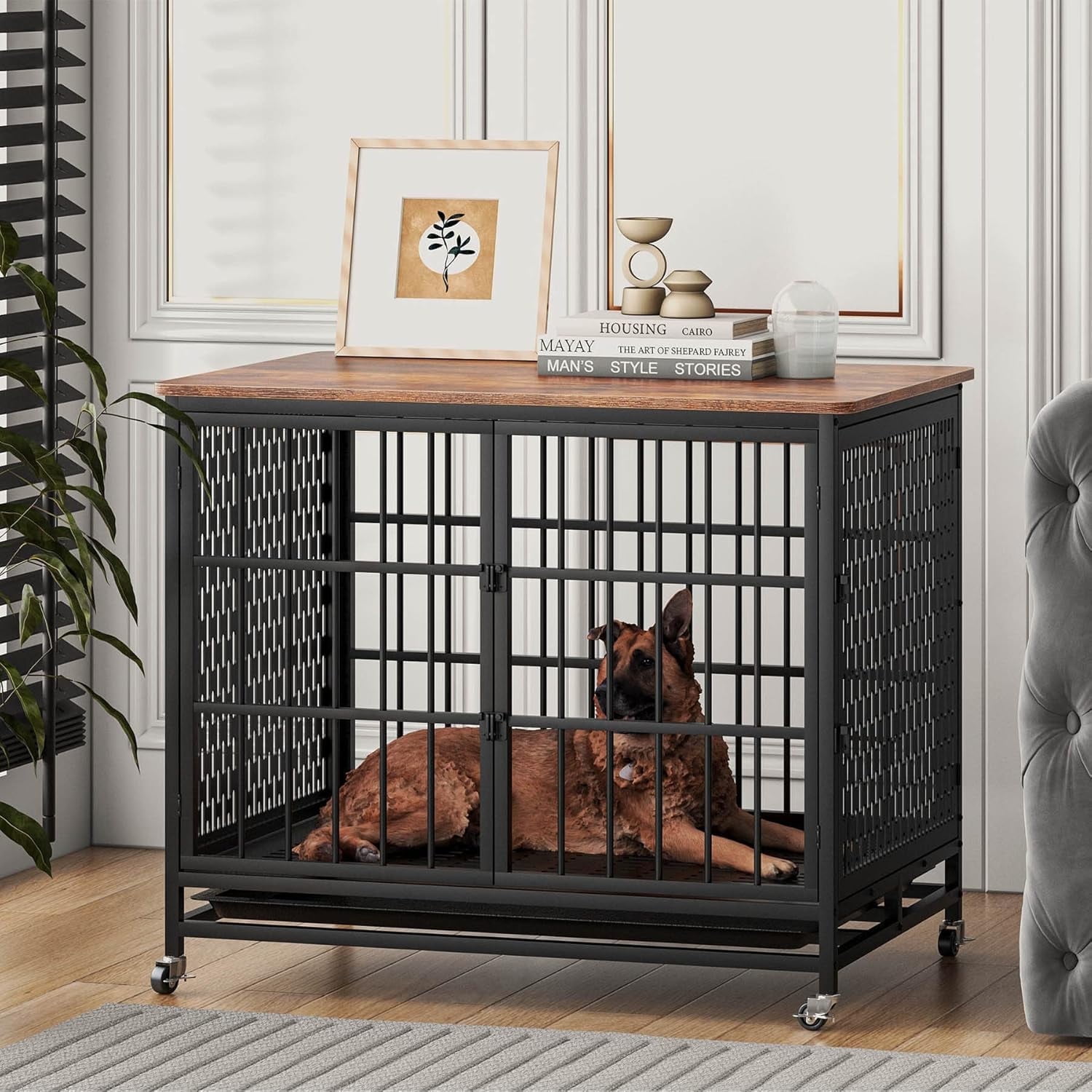 Frmobepts Dog Crate Furniture, 42'' Large Wooden Indoor Dog Cage Table with Sliding & Lockable Doors for Medium Dogs, Brown