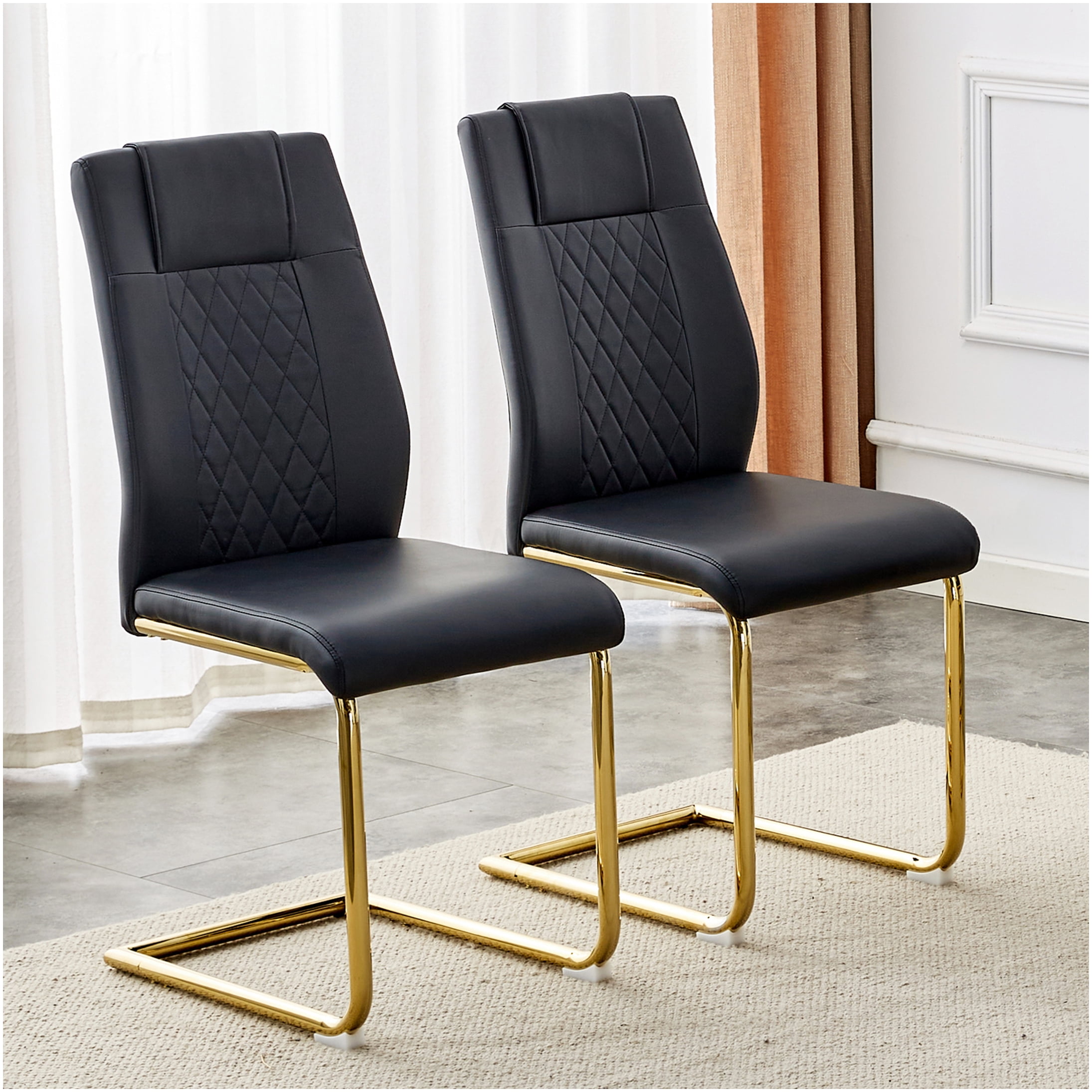 Modern Dining Chairs Set of 6, Black PU Leather Upholstered Side Chairs with Gold Metal Legs for Kitchen Dining Room