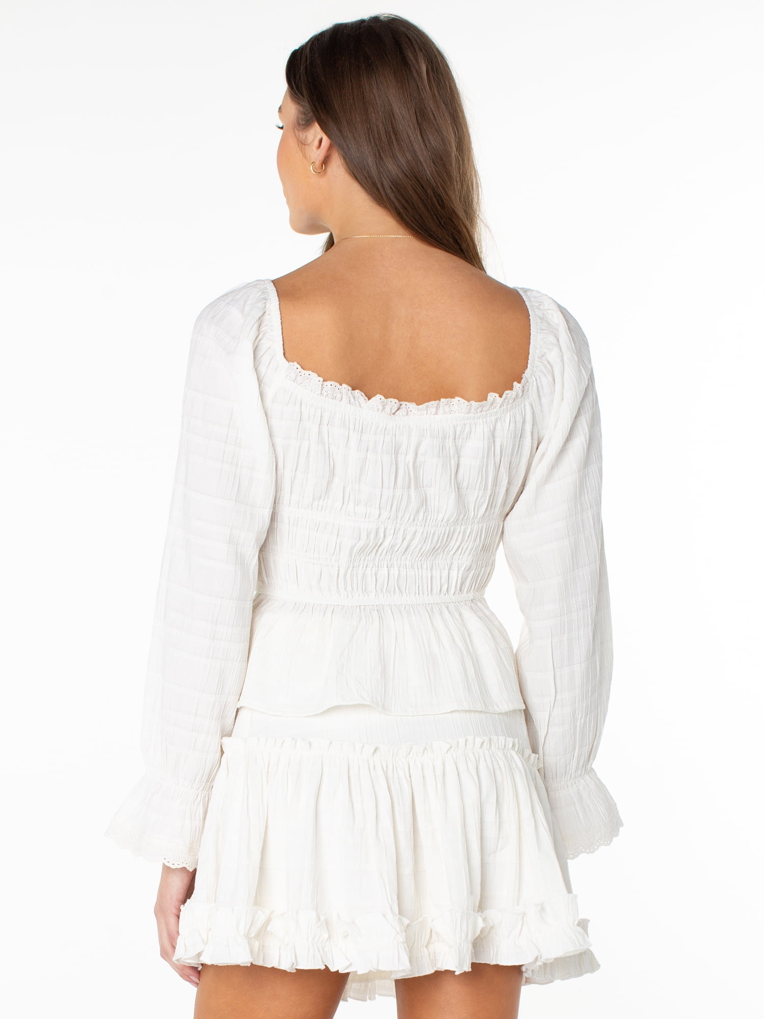 Celebrity Pink Women's Long Sleeve Square Neck Lace Trim Top, Sizes XS-XXXL