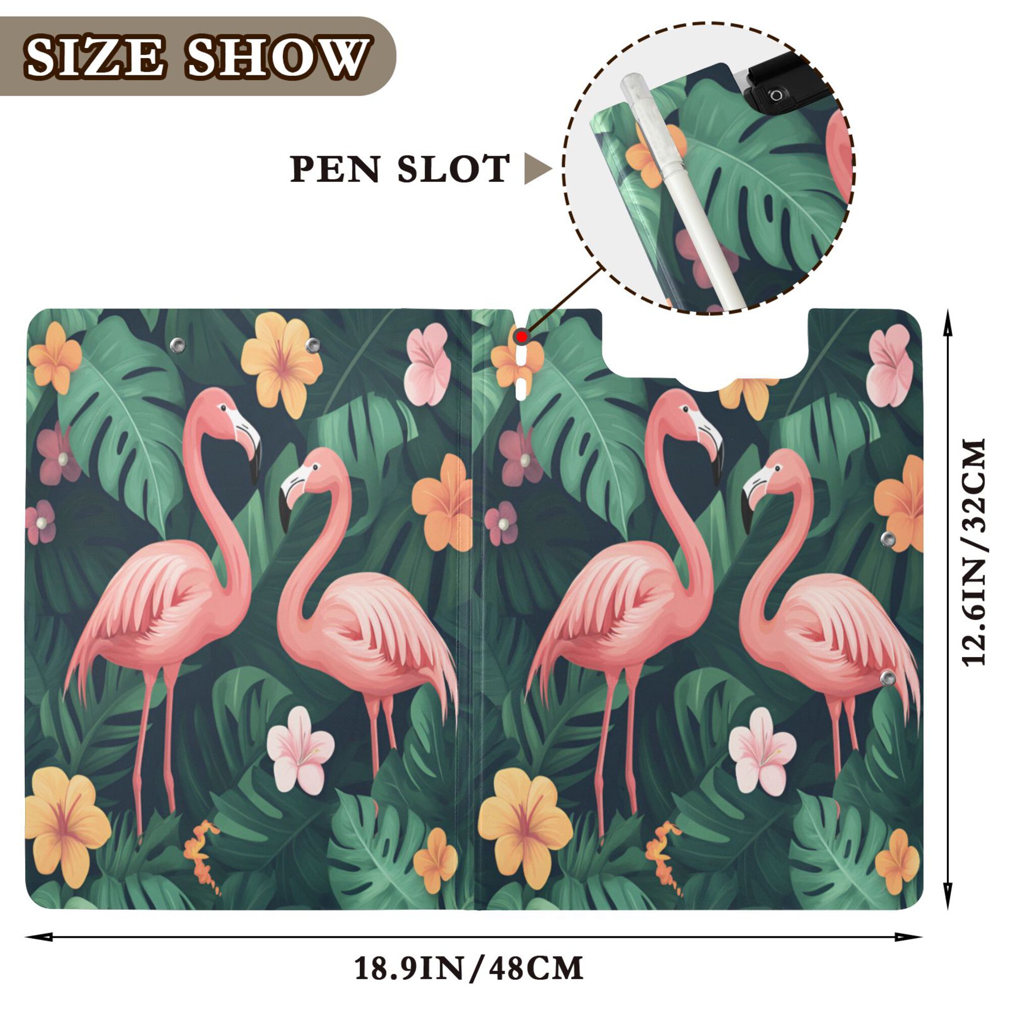 FORMRS A4 Clipboard Folder with Pen Holder Horizontal Foldable School Office Binder, Flamingo Leaves Pattern