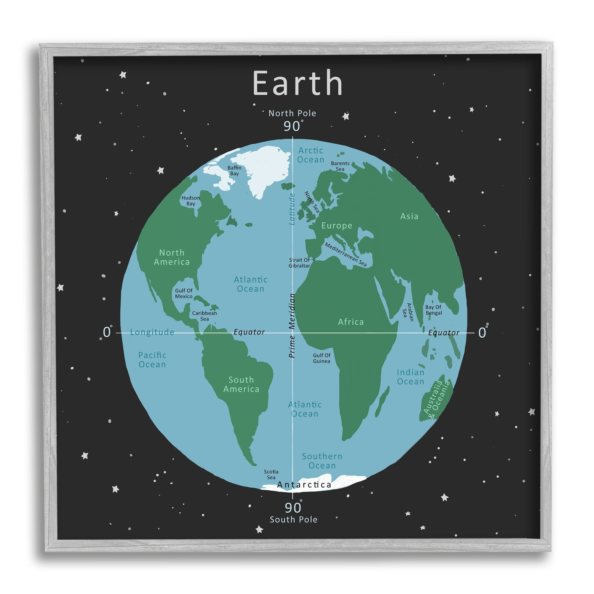 Stupell Industries Earth Equator Prime Meridian Map Diagram Globe Framed Wall Art, 17 x 17, Design by Carla Daly
