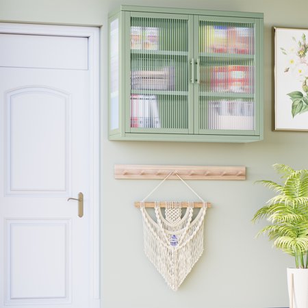 Retro Style Haze Double Glass Door Wall Cabinet With Detachable Shelves for Office, Dining Room,Living Room, Kitchen and Bathroom Mint Green DJR
