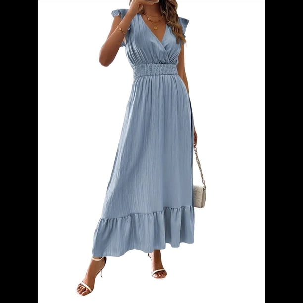 Vestido de Verano para Mujer, Elegante, con Escote en V, Volantes, Mangas Sueltas, Cintura Plisada, para Invitada de Boda. Azul L