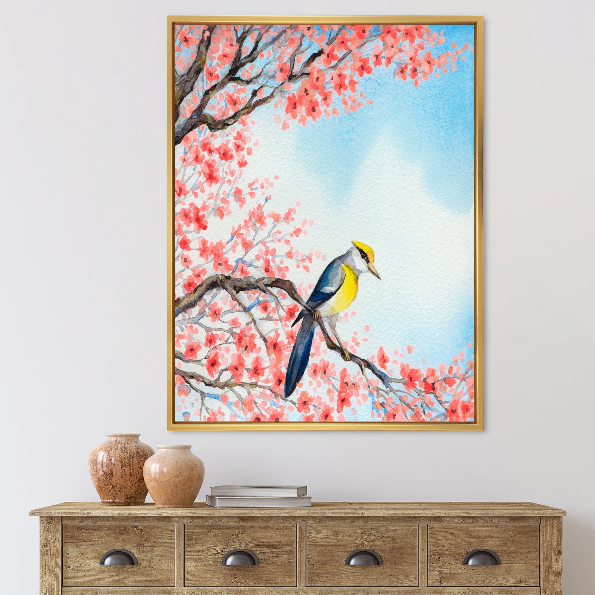 Designart 'Beautiful Red Bird Sitting On Flowering Branch I' Traditional Framed Canvas Wall Art Print