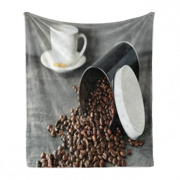 Espresso Grey Soft Flannel Fleece Blanket, Real Life Photo of Poured Roasted Coffee Beans with Blurry Backdrop Cup, Cozy Plush for Indoor and Outdoor Use, 60" x 80", Brown Grey White, by Ambesonne
