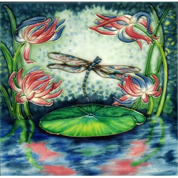 En Vogue B-259 Drogonfly avec Fleur de Lotus - Carreaux d'Art Décoratifs en Céramique - 8 Po x 8 Po