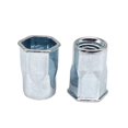 thumbnail image 1 of Tuercas de remache de cabeza plana de medio hexágono de 100 Uds., inserto de rosca semihexagonal abierto de acero al carbono chapado en Zinc azul abierto, 1 of 5