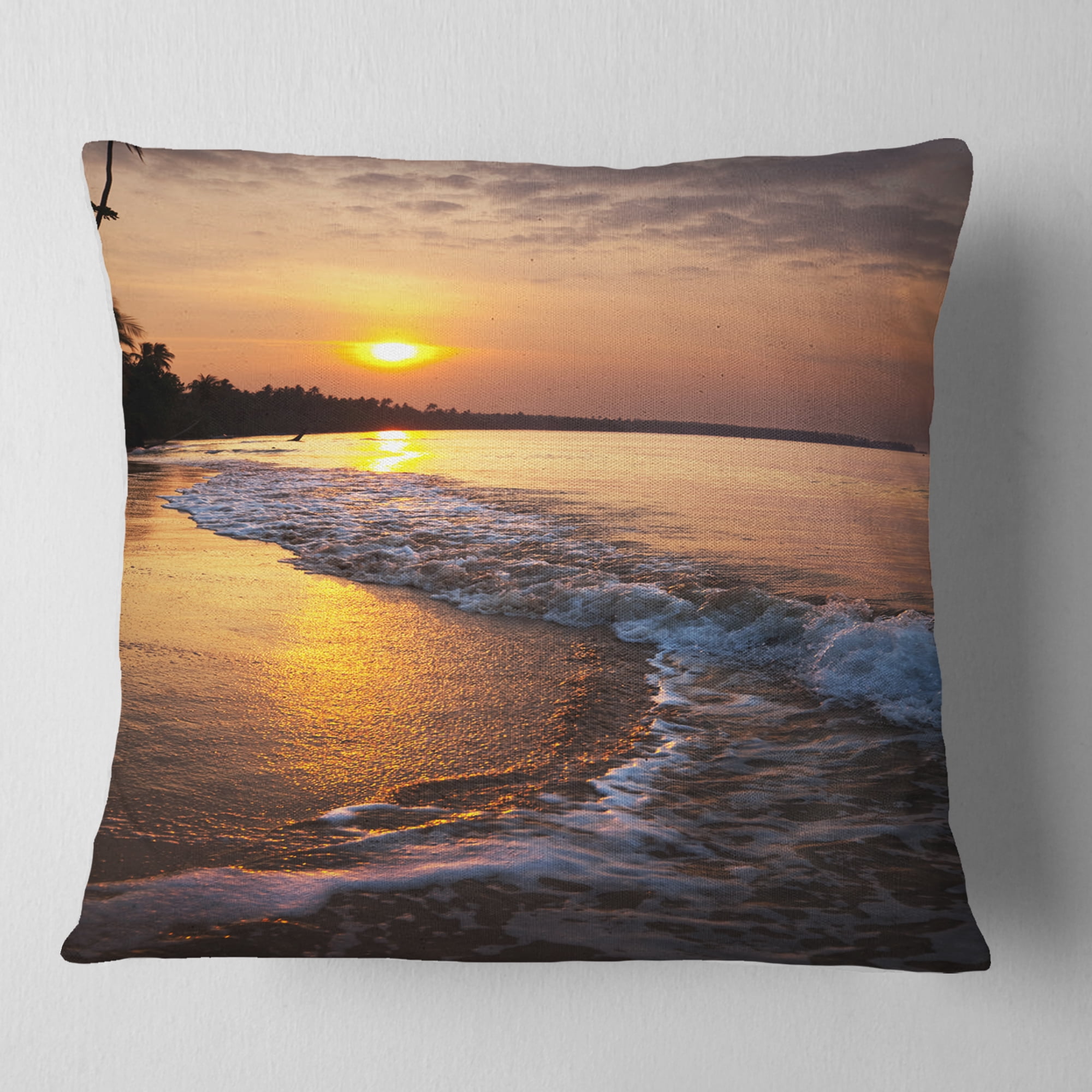 Designart White Foaming Waves at Sunset - Modern Beach Throw Pillow - 18x18