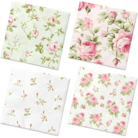 40Pcs Floral Napkins-Spring Disposable Paper Napkins Vintage Rose Floral Decoration One Napkin with 4Patterns for Garden Spring Tea Party