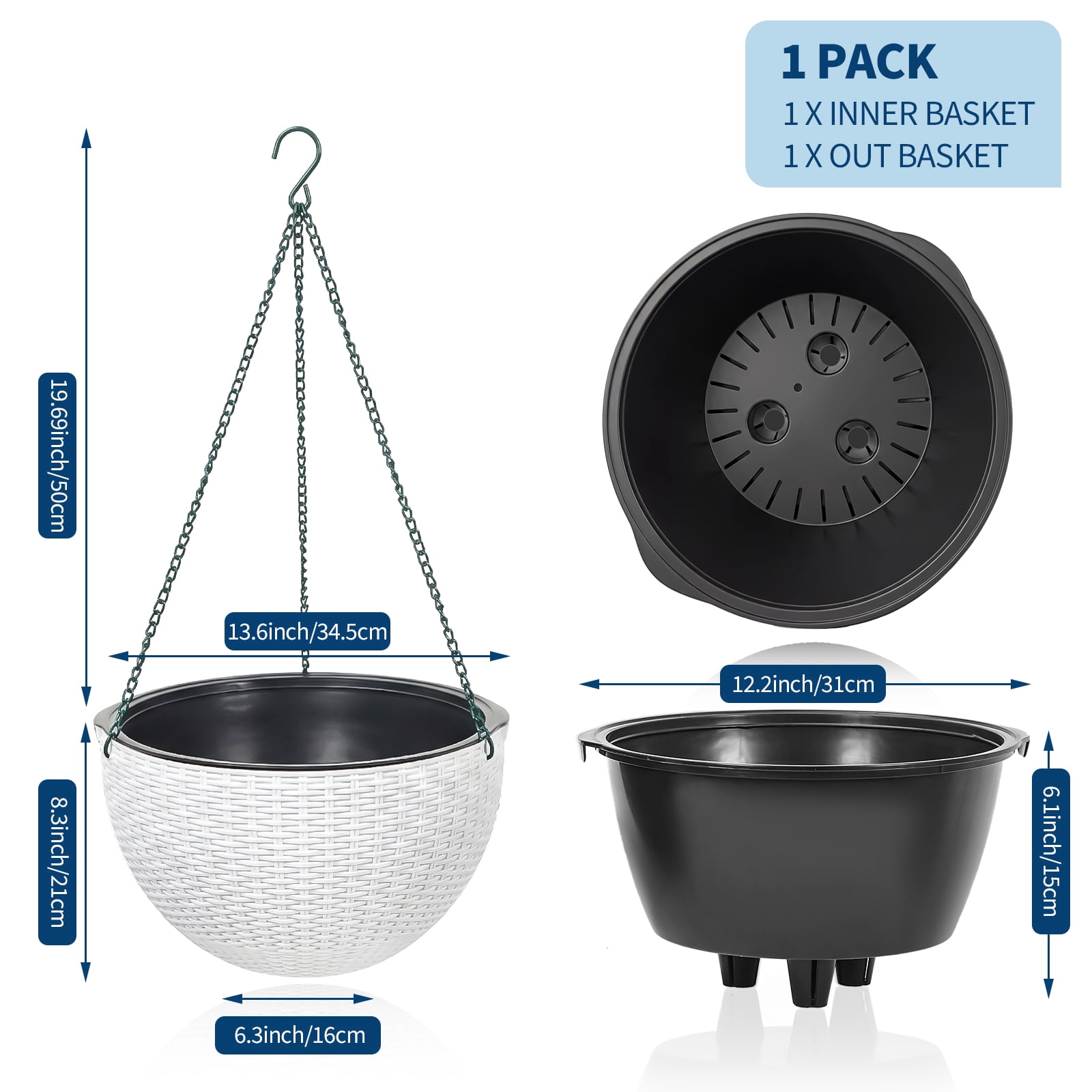 Self Watering Hanging Planter 13.8 Inch – 2 Pack Resin Rattan Basket with Drainage Plug, Deep Inner Pot & Sturdy Metal Triple-Chain