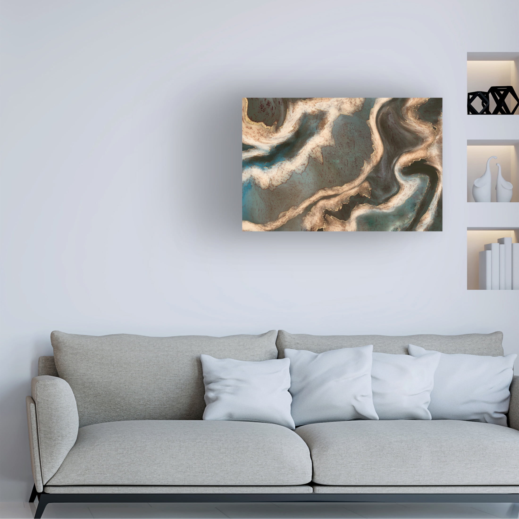 Canvas Wall Art - Bilge Paksoylu 'Alcohol Ink Green Blue Gold Beige' Wall Art for Living Room, Bedroom, or Office D?cor by Trademark Fine Art - 47 x 30 Inches