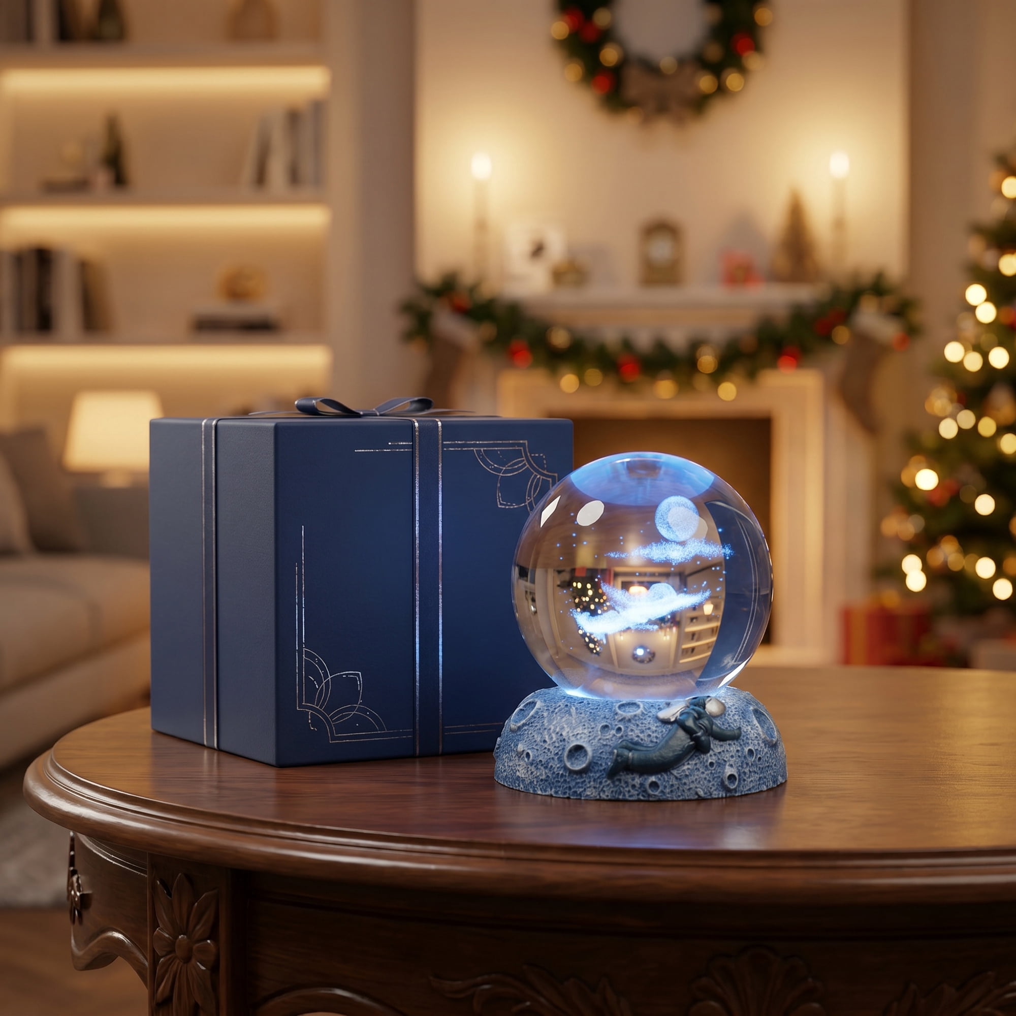 Unique Bargains Glowing Crystal Ball 3D Glass Ornament with LED Light Base Blue Style E