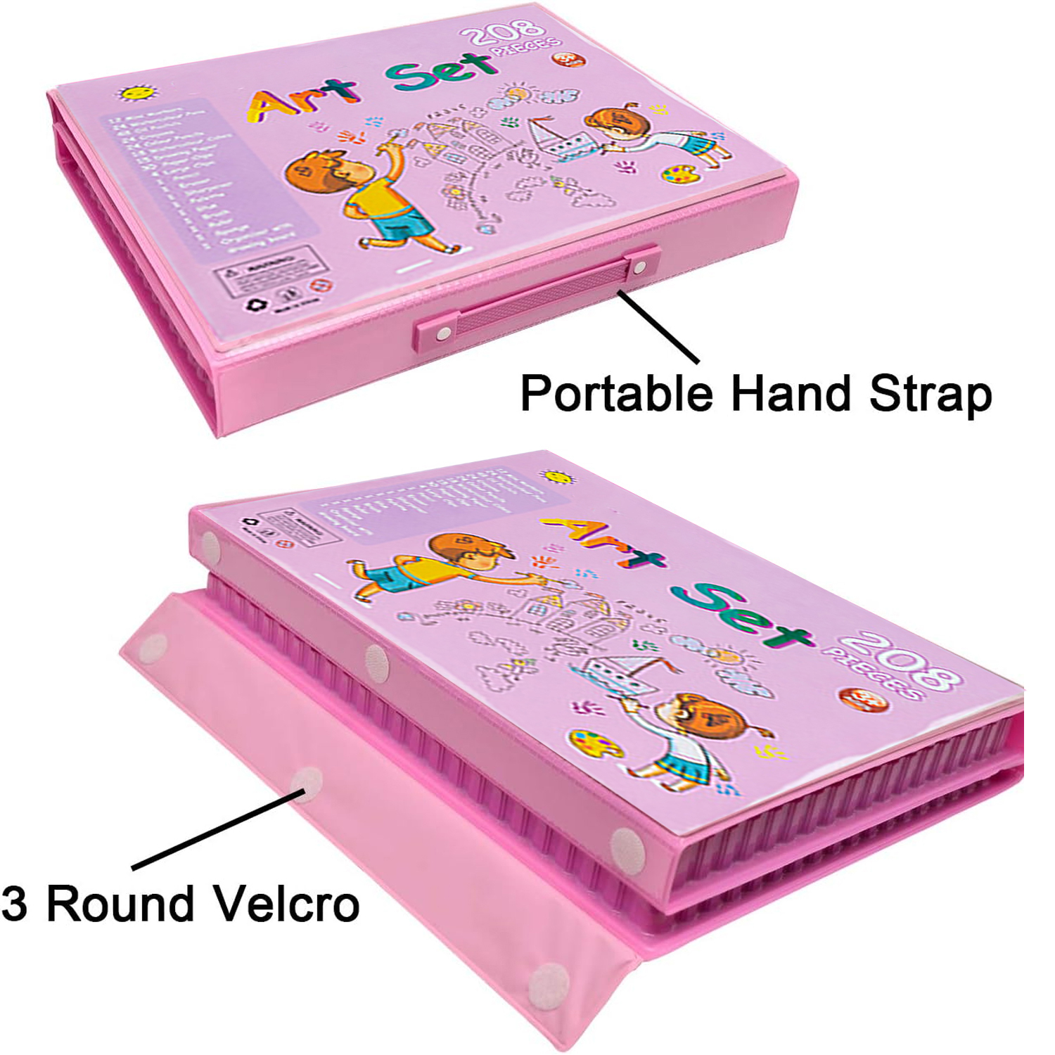 208 Pieces Double Sided Trifold Easel Art Set, Drawing Art Box with Oil Pastels, Crayons, Colored Pencils, Paint Brush, Watercolor Cakes, Drawing Board (Pink)