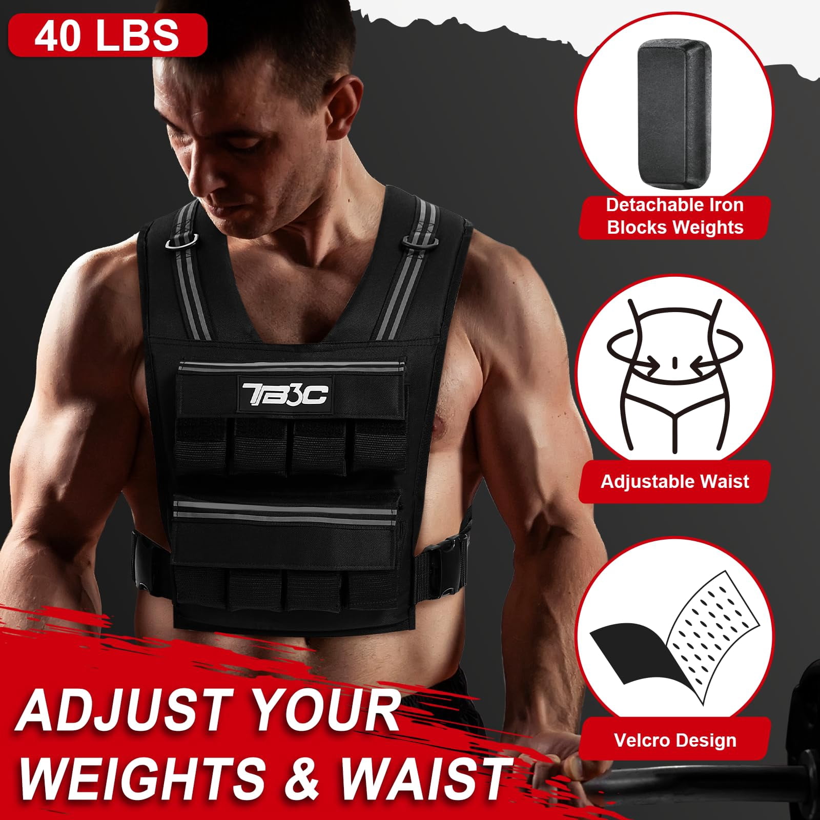 Black 40 LB Adjustable Weighted Vest for Strength Training, Running and Walking