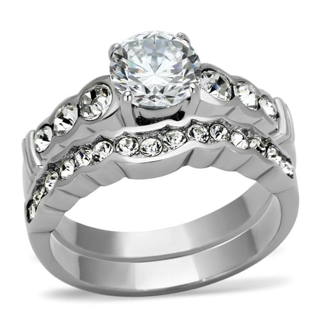 Women High Polished Stainless Steel Ring with AAA Grade CZ in Clear - Size 9