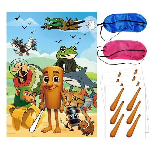 Cute Party Decorations - Brainrot Tralalero Tralala Cartoon Party Supplies Include Large Poster with 24 Pcs Stickers, Pin The Wooden Stick Sticker Party Game for Birthday Favors