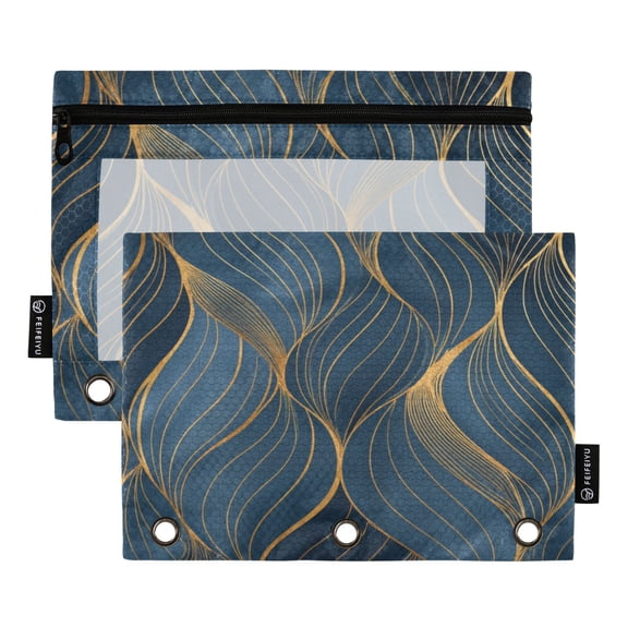2 Pack 3 Ring Binder Pouch with Clear PVC Window Water Resistant Zipper Pencil Pouch Blue-gold Lines Binder Pocket for Classroom Office Home Stationery Organization