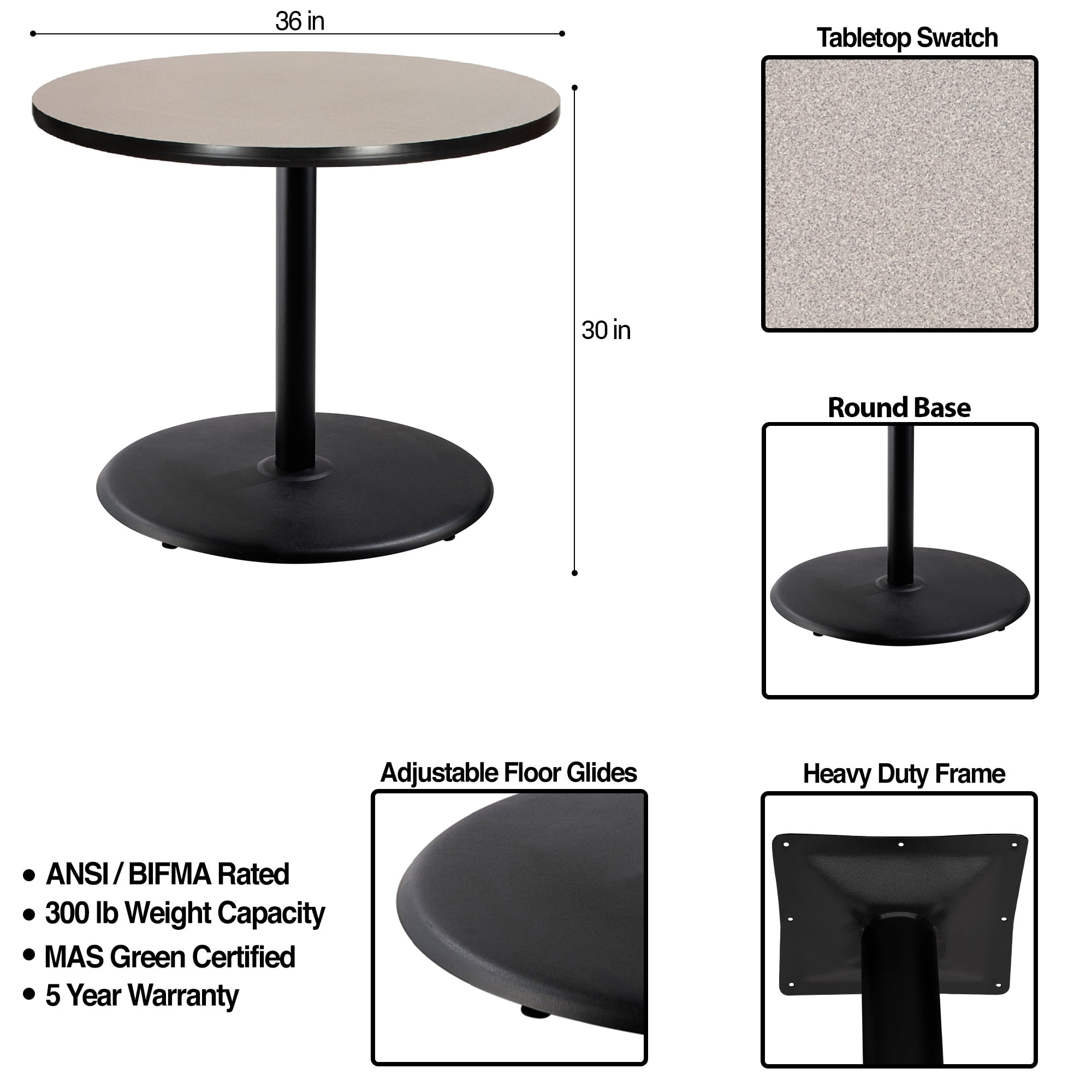 Hampden Furnishings Bennet Collection Steel Frame 36" Round Top, Round Base, 42" Height, Cafe Table, Black Frame/Grey Nebula Top