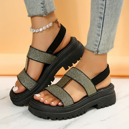 

ZHELIYO Women s sandals Women Summer Elastic Band Solid Color Casual Open Toe Square Heels Comfortable Beach Shoes Sandals Black 7