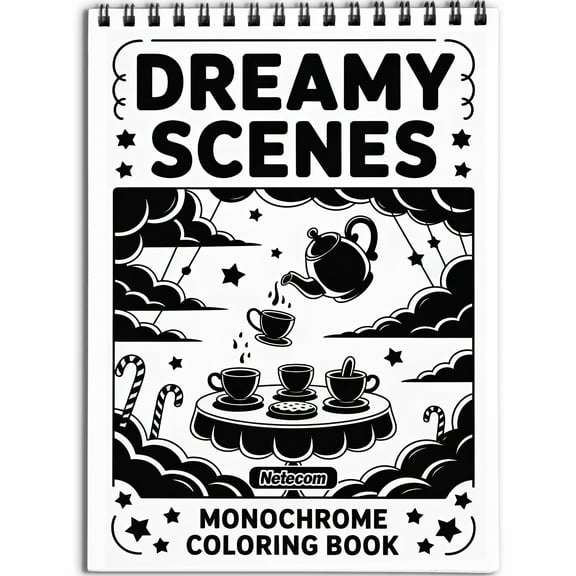 Dreamy Scenes Monochrome Coloring Book Spiral Bound for Adult, Softcover, Relaxing One-Color Illustrations with Peaceful, Magical and Surreal Landscapes for Mindfulness, Stress Relief