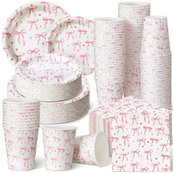250pcs Coquette Pink Bow Party Decorations Set, Elegant Disposable Tableware with Plates, Cups, Napkins & Cutlery for Bridal Events, Celebrations & Gift-Giving, Serves 50 Guests
