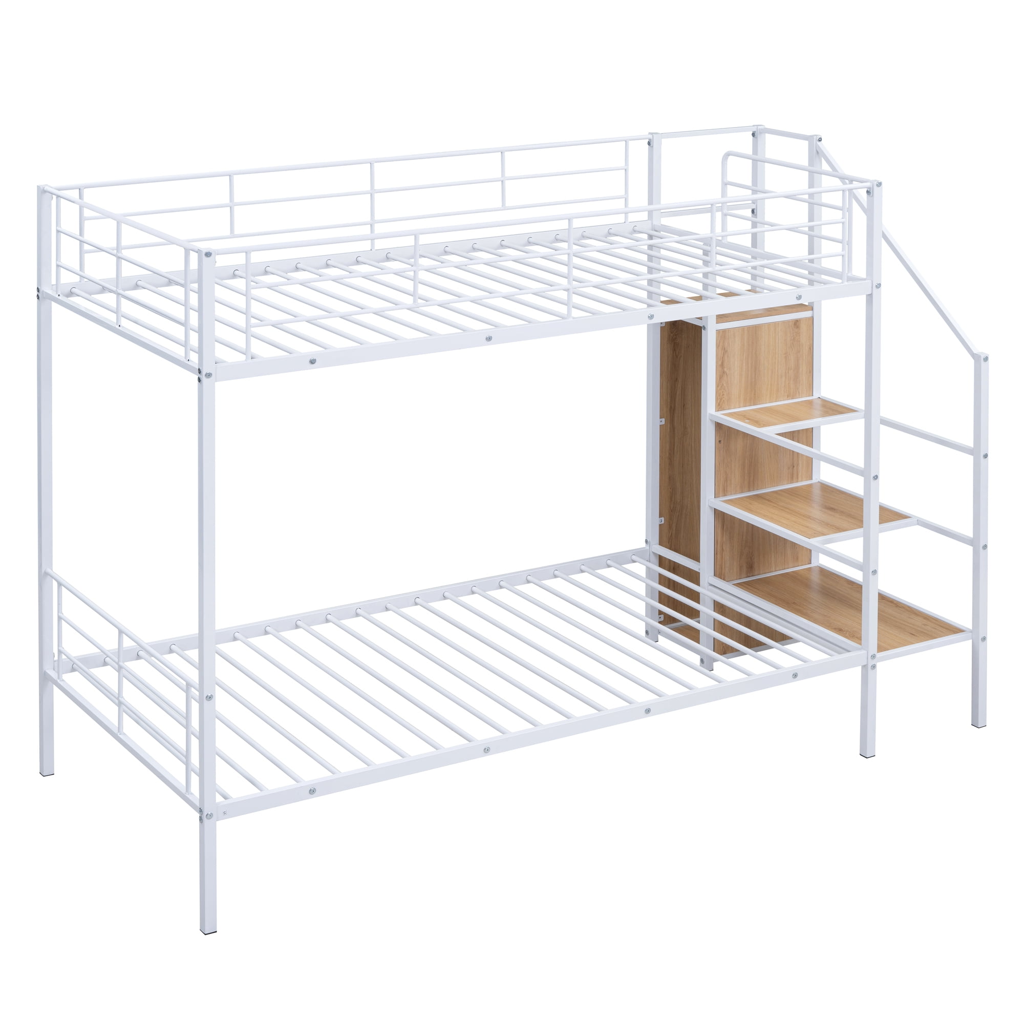 Euroco Metal Twin over Twin Bunk Bed for Kids Teens Adults, Space-Saving with Staircase and Wardrobe, White