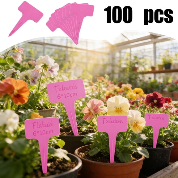 strola Toys VEELIKE 100 Pcs Pink T-Type Plastic Plant Labels, Waterproof Garden Markers Stakes for Outdoor Herb Vegetable Seed Flower Pots, 3.93 x 2.36 Inch