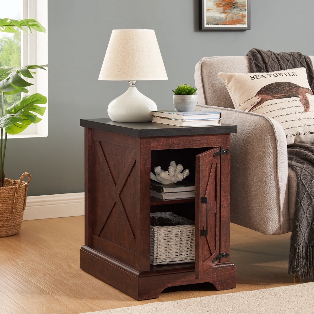 Tcbosik 21.6" Side Table with Barn Door, Rustic End Table with Adjustable Shelf, Small Nightstand for Bedroom, Living Room, Easy Assembly, Oak