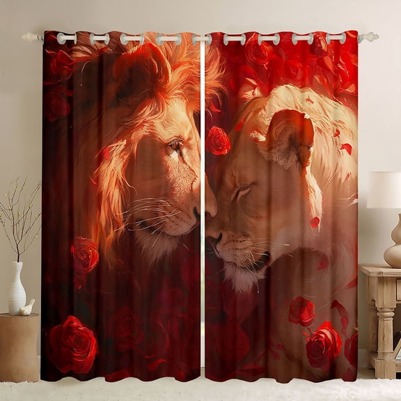 Homewish Lion King and Queen Blackout Curtains Set of 2 (52x84 Each), Romantic Wildlife Window Curtains, Romantic Anniversary Rose Curtains and Drapes, Curtains and Drapes Bedroom Decor