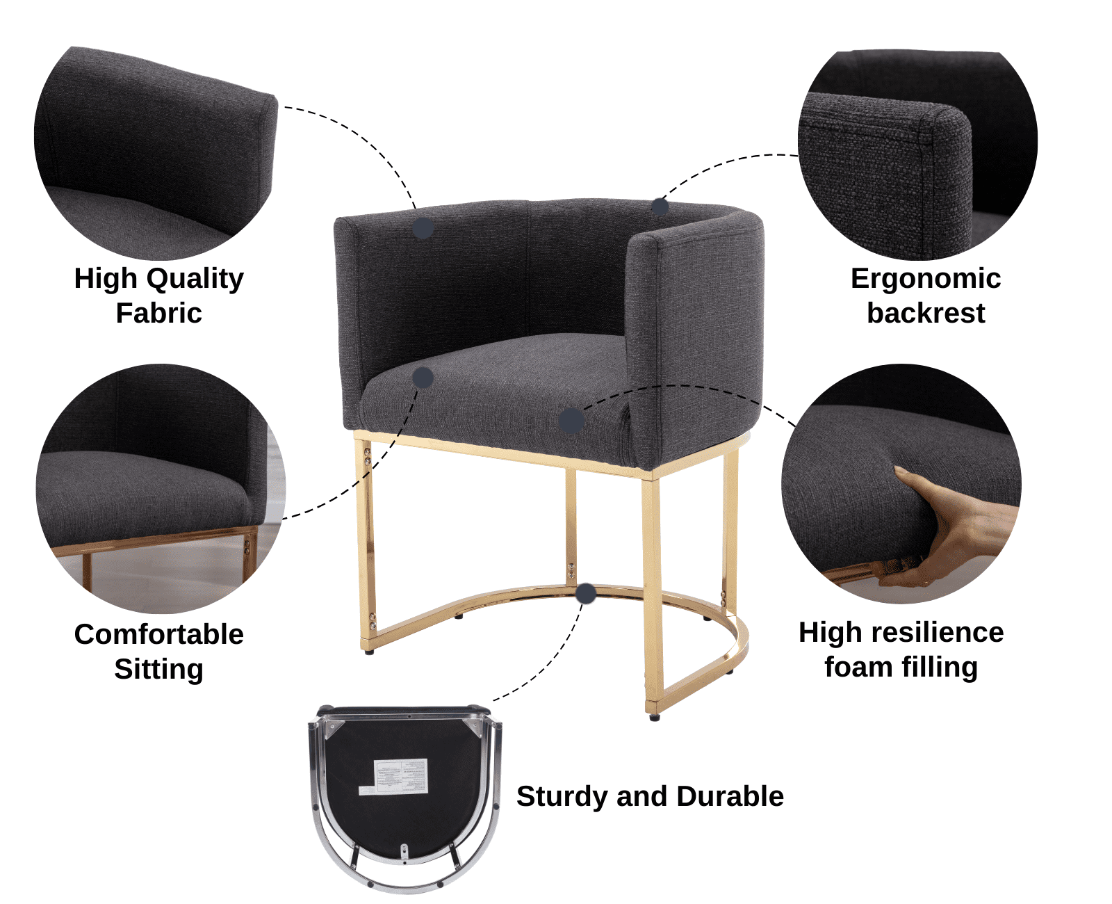 Guyou Modern Linen Dining Chair, Mid-century Upholstered Barrel Kitchen Chairs Fabric Side Chair with Metal Legs and Curved Back for Living Room Dining Room Bedroom, Charcoal