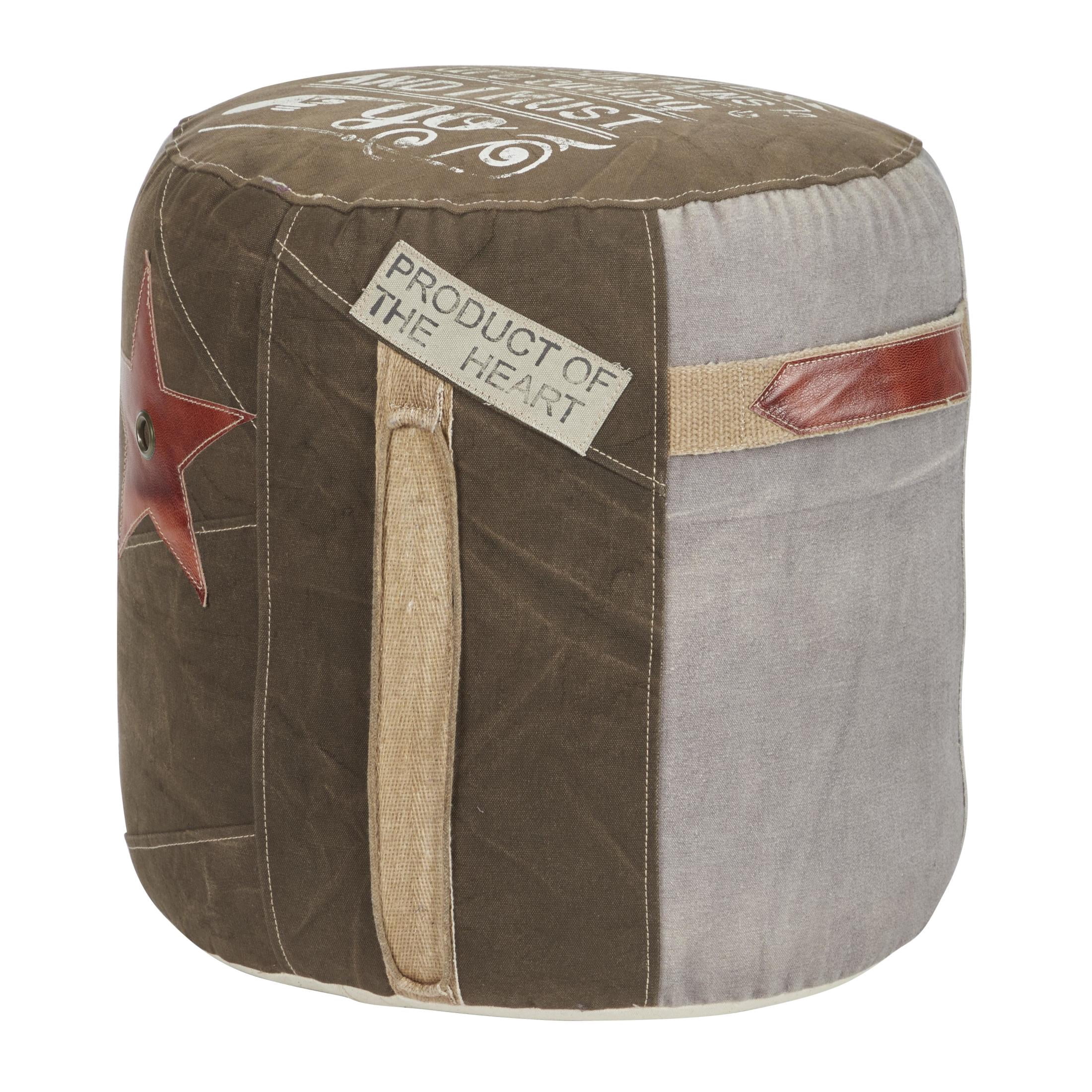 DecMode Abstract Adventure Brown Canvas Star Pouf with Gray and Leather Accents