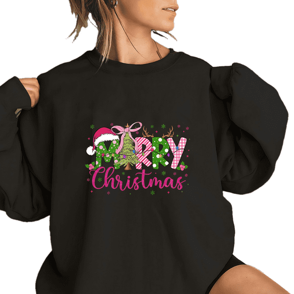 Merry Christmas Print Tops Christmas Theme Sweatshirts Suitable for Family Wear Casual Xmas Shirts Long Sleeve Pullover for Holiday Black,M
