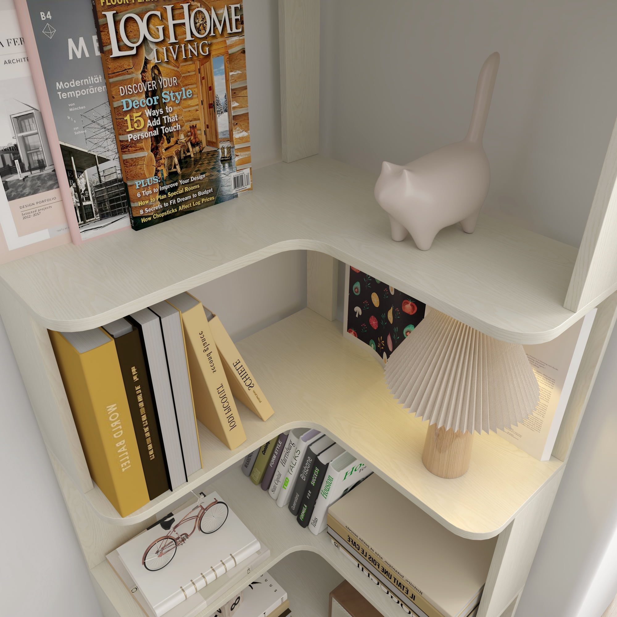 Leumius 6 Tier Freestanding L-Shaped Corner Bookshelf, Wooden Bookcase with anti-drop panle and anti tipping device, Display shelf Open storage rack Organizer for Home Office,White Oak