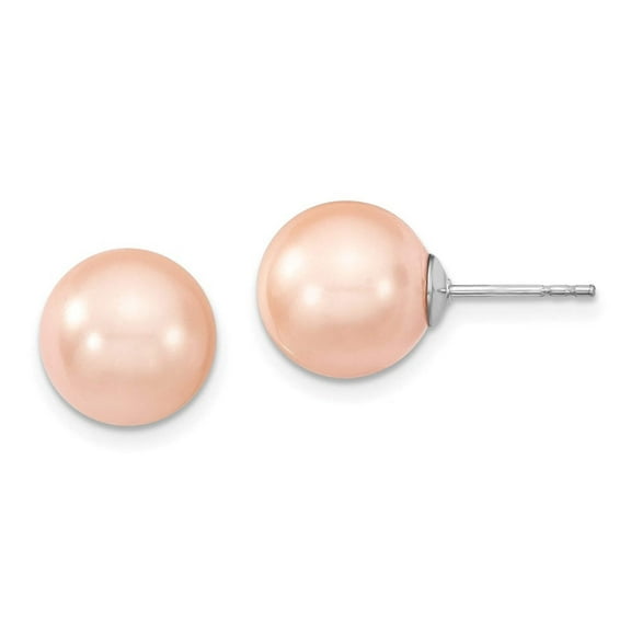 Sterling Silver Majestik 10-11mm Round Pink Shell Pearl Stud Earrings