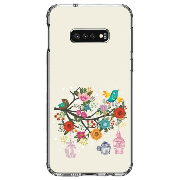 DistinctInk Clear Shockproof Hybrid Case for Samsung Galaxy S10e (5.8" Screen) - TPU Bumper, Acrylic Back, Tempered Glass Screen Protector - Spring Collection - Floral Birds Teal Red