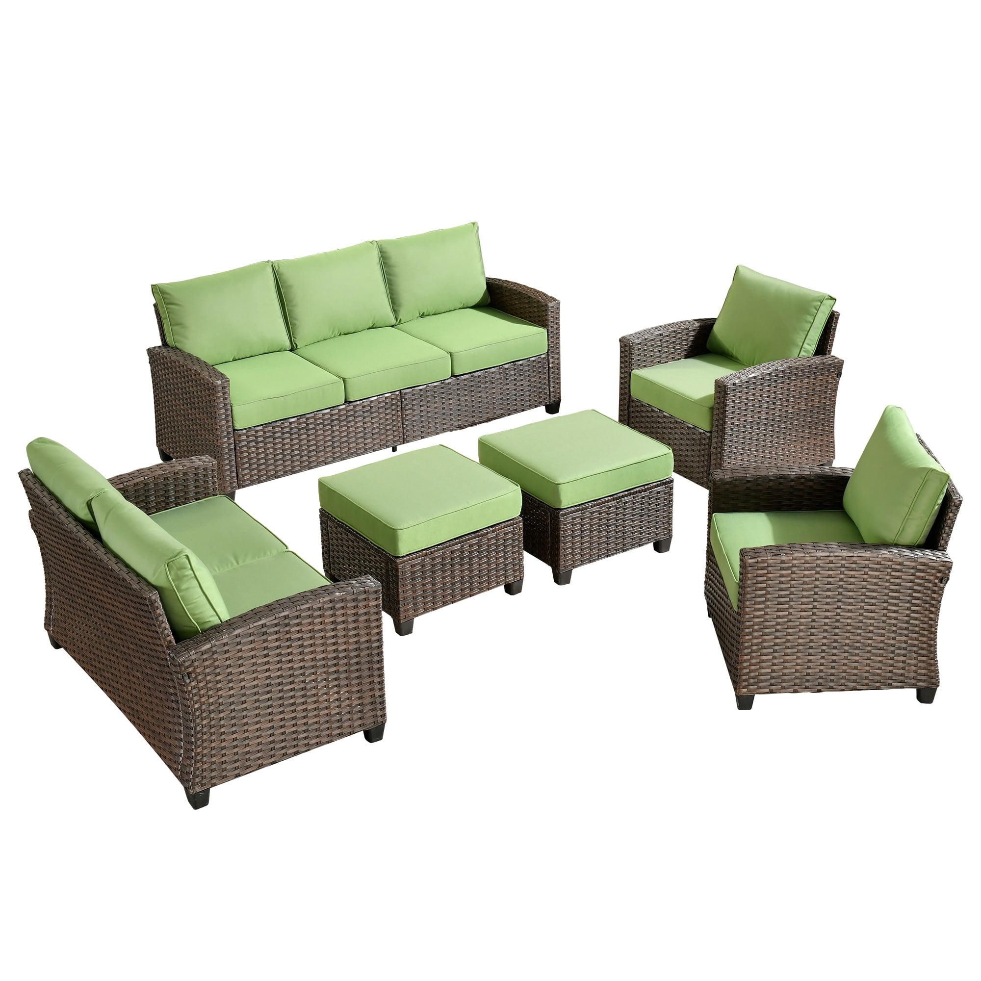 XIZZI 6 Pieces High Back Wicker Patio Furniture Set All Weather Outside Seating Sofa Rattan Outdoor Conversation Set with Cushion Ottoman for Balcony, Green