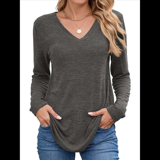 Camisetas de Larga para Mujer, Cuello en V, Suaves, Básicas, Holgadas, Informales, A Gris Oscuro XL