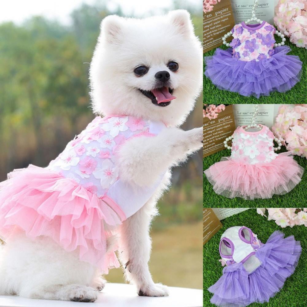 QingLuo Sweet Puppy Dog Princess Dress Pink Purple Bow Lace Tutu Skirt Doggie Dress for Dog Cat X-Small, Denim Strap Pink
