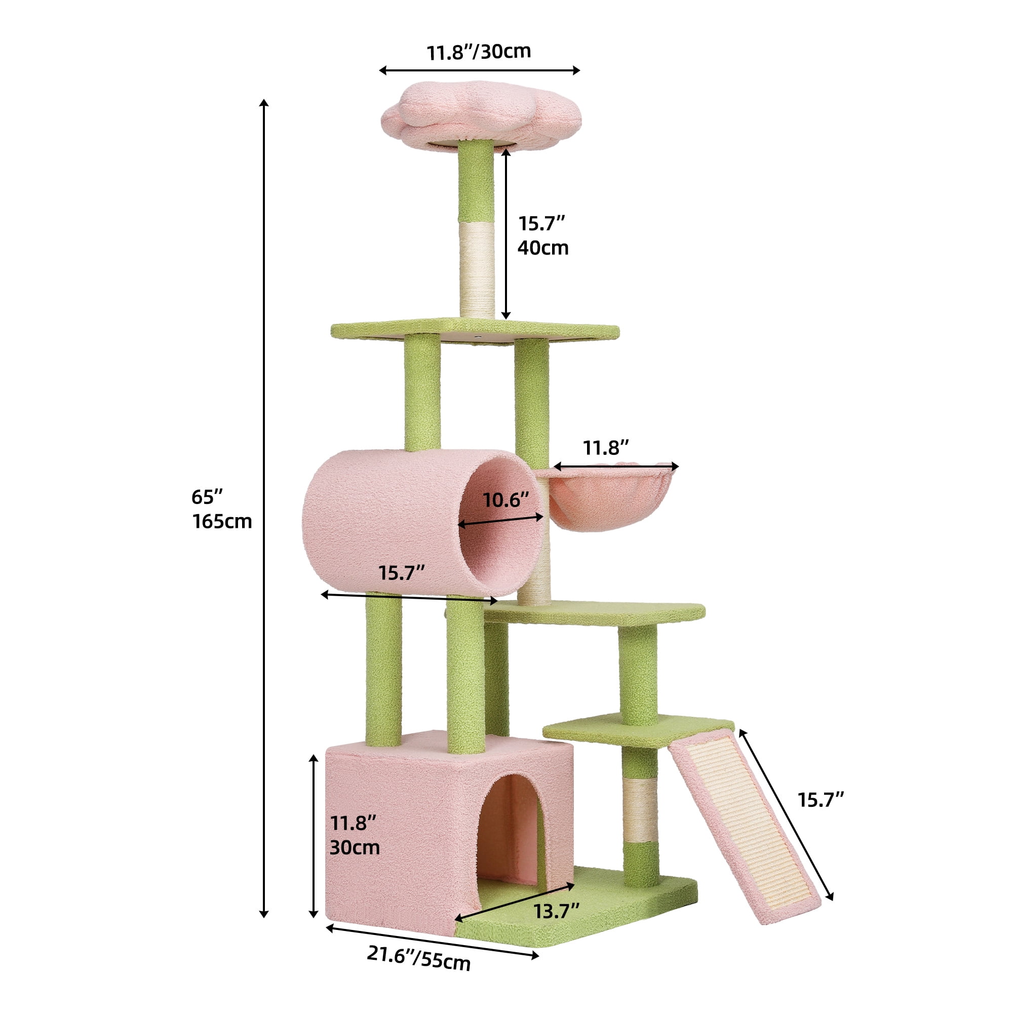 Dextrus 65" Tall Flower Cat Tree Tower, Indoor Cute Cat Climbing Tower with Cat Condo, Basket, Tunnel,Cute Sisal Scratching Posts and Board, Pink & Green