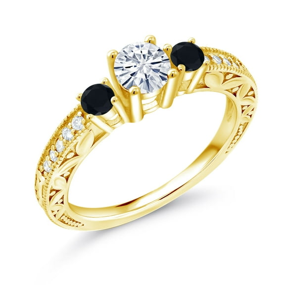 Gem Stone King 18K Yellow Gold Plated Silver Black Onyx Ring with Moissanite (0.83 Ct) (Size 7)