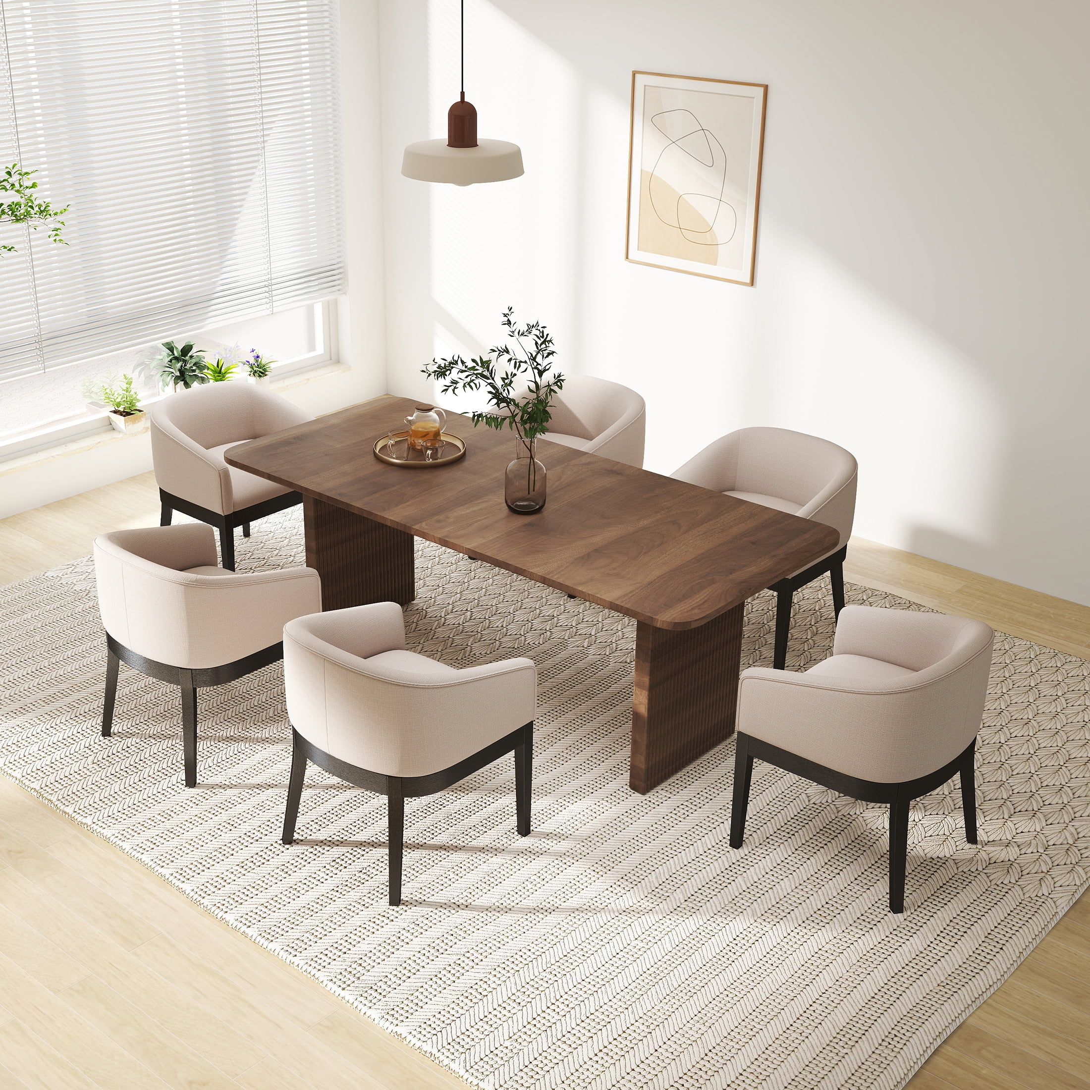 Guyou Modern Upholstered Dining Chairs Set of 4, Farmhouse Linen Kitchen & Dining Room Chairs with Armrests, 18" W Wooden Barrel Accent Chair Armchair for Dining Room Living Room Bedroom, Cream