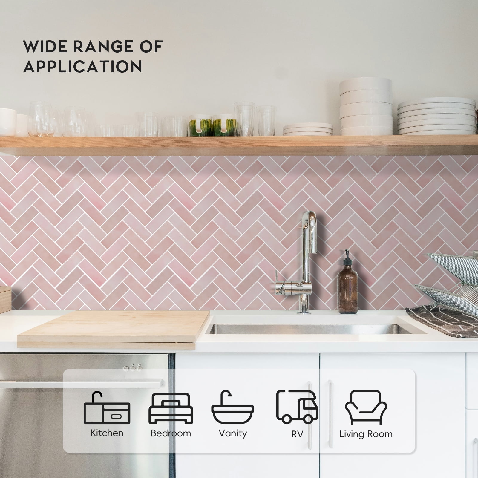 HOMEART Herringbone Peel and Stick Backsplash, 10-Sheet Self Adhesive 3D Stick on Wall Tiles for Kitchen Bathroom (Pink)