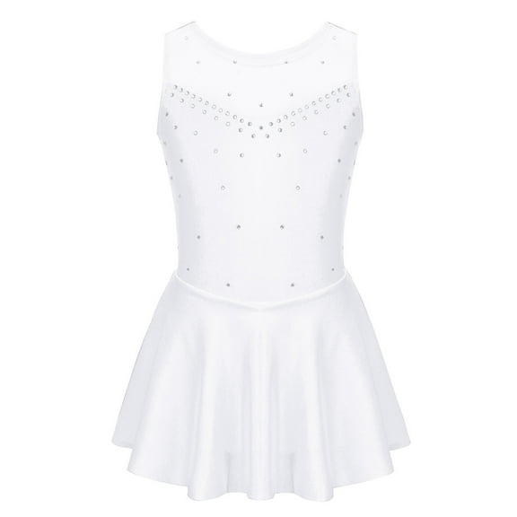 Sinleey Kids Girls Ice Skating Diamond Mesh Splice Leotard Ballet Latin Jazz Dance Dress White 12